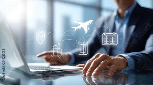 Digital travel planning with icons flight, location, luggage, calendar