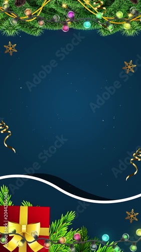 Christmas background with Christmas tree branches, festive lights and decorations