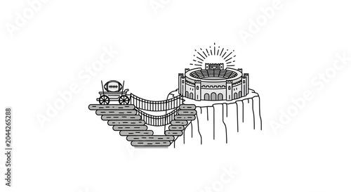 Ancient Temple with Stairway and Sun.