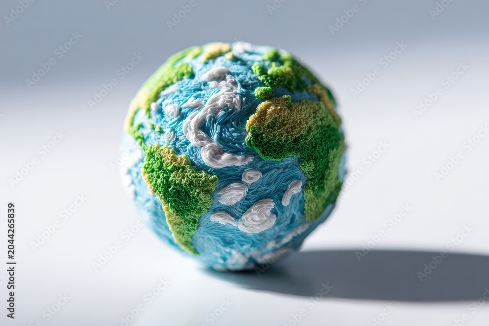 Fototapeta premium Textured, small globe model with detailed continents and clouds