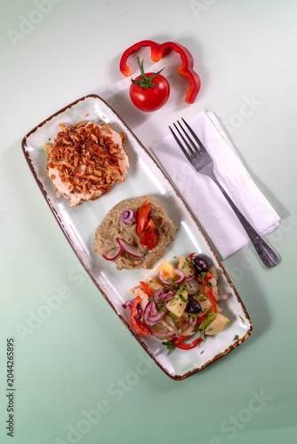Top-down view of an appetizer platter with roasted chicken, puree dip, and potato salad, served next to a fork, tomato, and red pepper slice