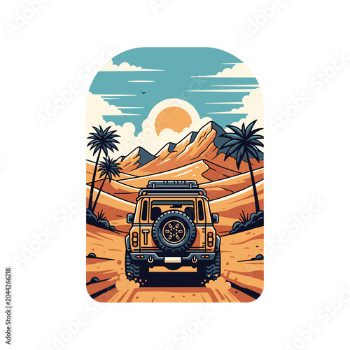 Off Road Adventure 4x4 SUV Driving In Desert Dunes Sunset Illustration
