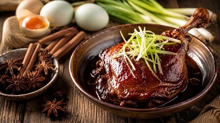 Gourmet braised duck leg resting in ceramic bowl on rustic table for luxury holiday dining celebration