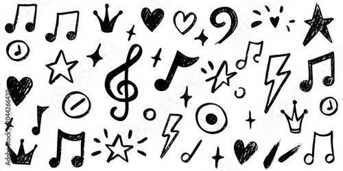 Fotografia Hand drawn Musical Symbols And Shapes Collage Black On White Background