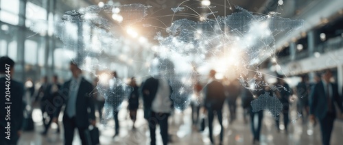 Global connections overlay a blurred crowd in a bright, modern interior