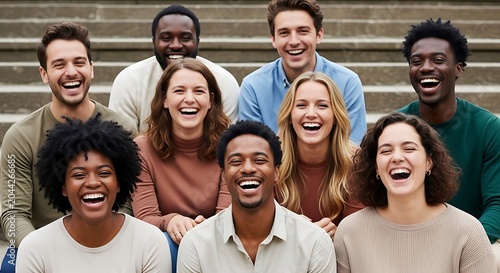 Group of diverse happy young friends laughing together sitting on stairs