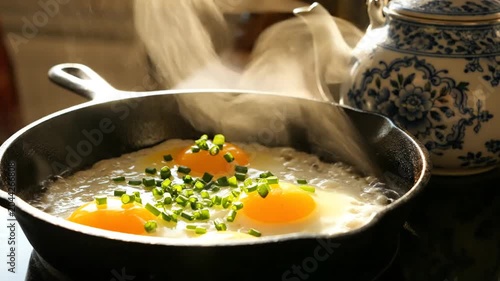 Three eggs frying in cast iron skillet at breakfast