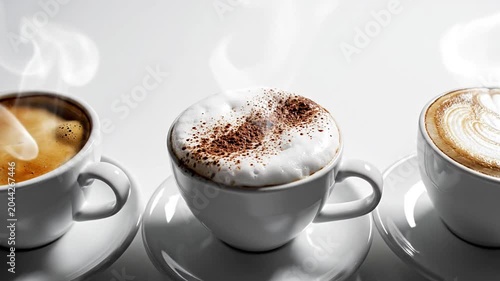 Three steaming coffee cups with espresso cappuccino and latte art
