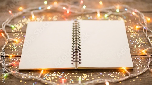 Blank Notebook Surrounded by Colorful Fairy Lights