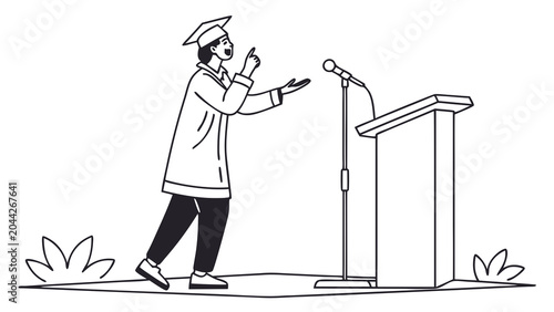 Graduate student giving a speech outdoors.