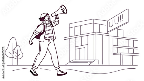 a person holding a megaphone walking in front of a building with a sign.