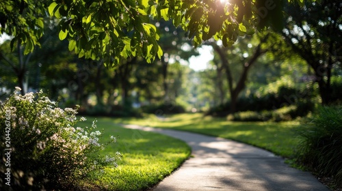 Sunlit park path winds through lush green foliage, dappled light