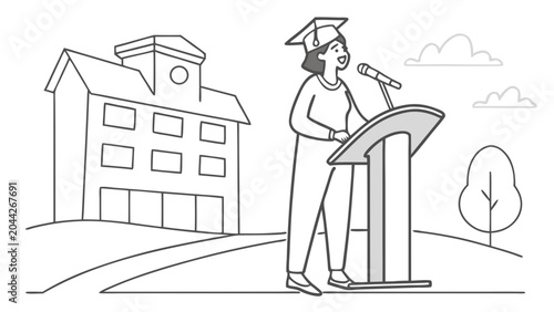 Graduate giving a speech outdoors.