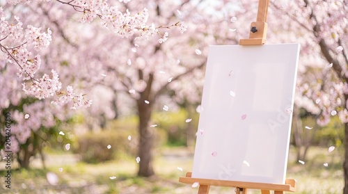 Pink Cherry Blossom Scene with Empty Canvas