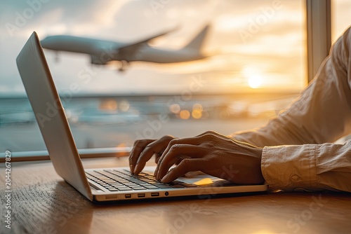 Hands typing on laptop with airplane landing at sunset
