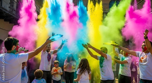 Group of happy people throwing colorful powders celebrating holi festival