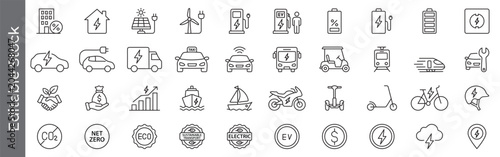 Foto Electric vehicle and green energy icon set – editable outline symbols of EV car,