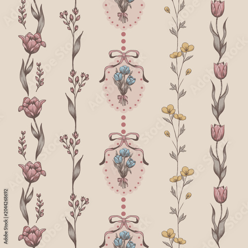 Vintage Line Work Flowers Vector Seamless Vertical Borders Set