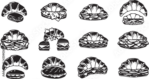 Schilderij op canvas Croissant Sandwich and Pastry Silhouette Icon Set Collection