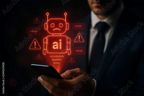 Businessman holding smartphone with glowing red AI chatbot error hologram and warning icons