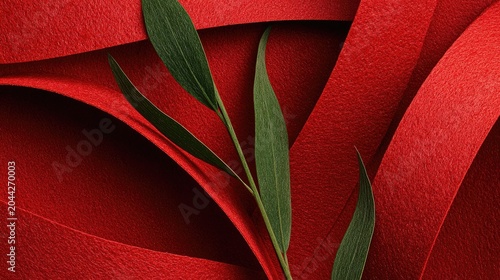 Vibrant red ribbons flow around a delicate green plant stem