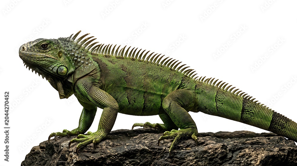 Fototapeta premium Green Iguana Resting on a Textured Rock Surface.