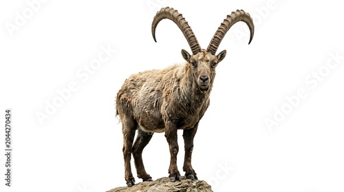 Tableau sur toile A majestic Alpine ibex standing on a rocky ledge against a white background