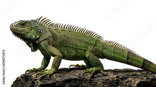 Green Iguana Resting on a Textured Rock Surface.