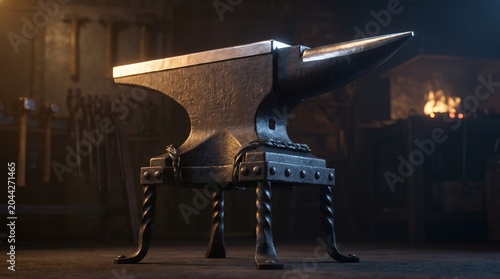 Heavy iron anvil on a forged stand in a dark traditional blacksmith workshop.