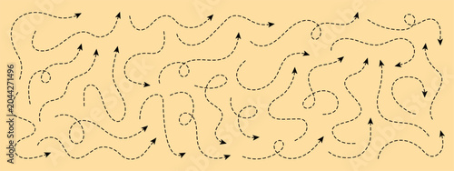 Set of squiggle line dashed arrows. Dash curved vector editable stroke arrows