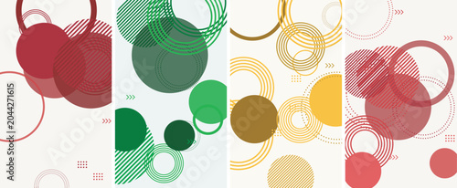 Overlapping geometric circles and striped patterns in red, green, and gold