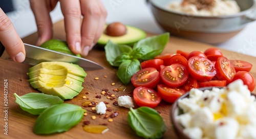 Hands slicing fresh avocado on a wooden board with tomatoes and cheese