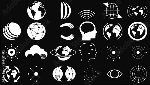 Global Technology and Connectivity Icons Set: Earth, Network, Brain, Cloud, Eye