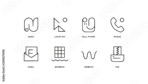 Set of 8 minimalist contact icons for business and communication, line art