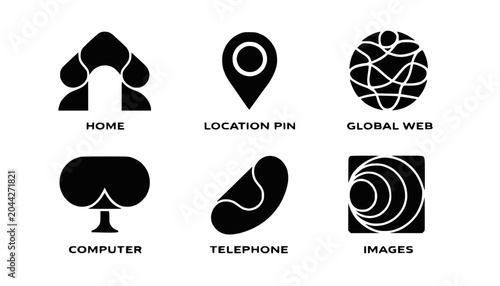 Collection of Modern Black Icons: Home, Location, Web, Computer, Phone, Images