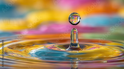Close-up of a water drop creating ripples on a colorful, abstract background