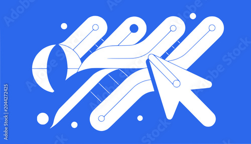 Abstract Digital Design Concept with Cursor and Geometric Shapes on Blue Background