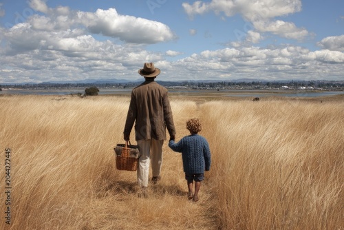 Man and child walk through golden grass toward distant water