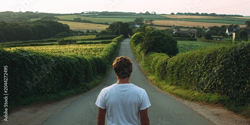 Man in white shirt walks down scenic country road toward distant village