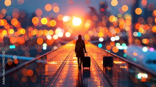 Solitary figure walks on glowing walkway at twilight airport