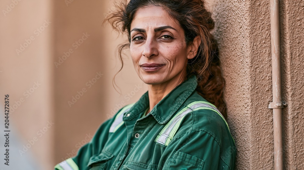 Fototapeta premium Heat Stress Worker Middle Aged Middle Eastern Curvy Illness Warning