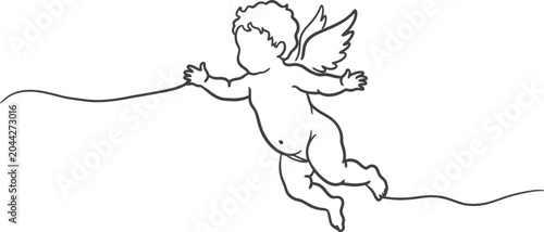 Foto Minimalist line art of flying cupid with ribbon isolated on white background