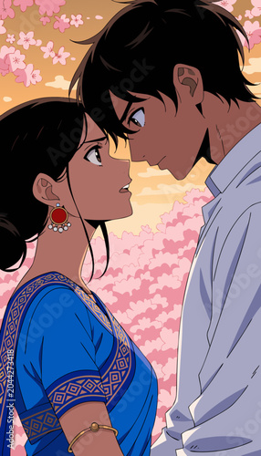 Young couple embracing under cherry blossoms at sunset with loving gaze illustration