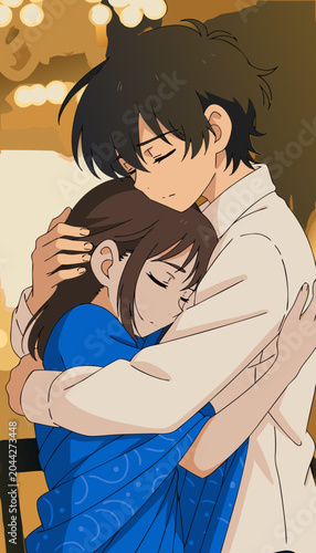 Young couple embracing warmly in soft ambient light conveying tender affection and deep connection in anime style