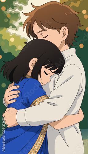 Young couple embracing with eyes closed in soft light conveying tenderness and connection anime illustration