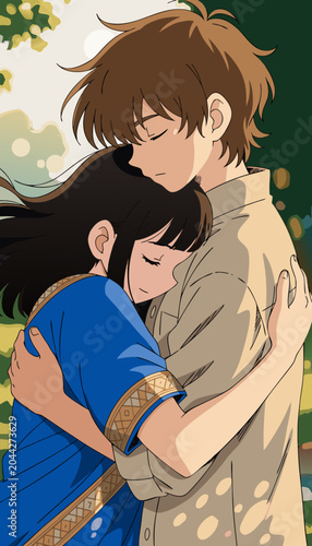 Young couple embracing tenderly in soft natural light with a concept of deep affection and connection in anime style