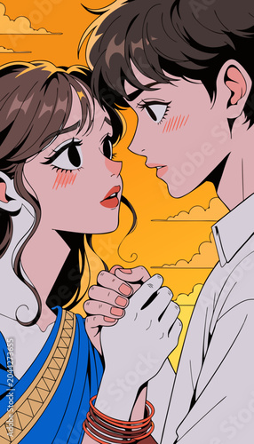 Young couple holding hands during sunset with warm glow and expressive eyes