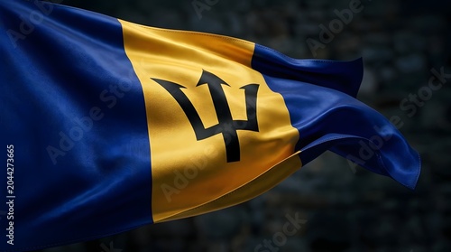 The Barbados flag waves strongly outdoors in a cultural event near a stone wall.