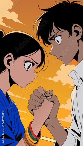 Young Couple holding hands during sunset with dramatic clouds and intense gaze illustration