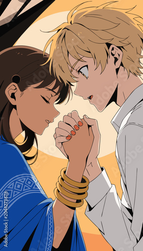 Young couple holding hands during sunset with warm glow illustrating connection and romance anime style